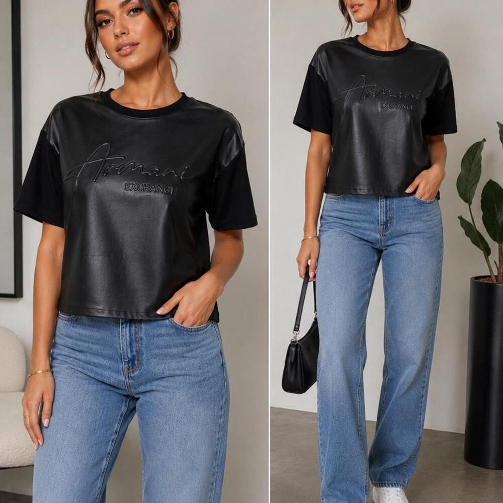 🖤Armani Exchange Black Leather-Look Cropped Top – Size Small